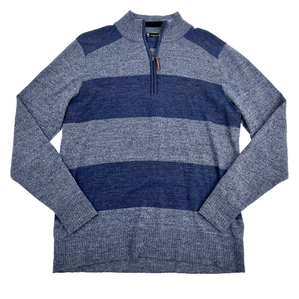 Smartwool Men's 1/4 Zip Blue Stripe Wool Blend Pullover Sweater